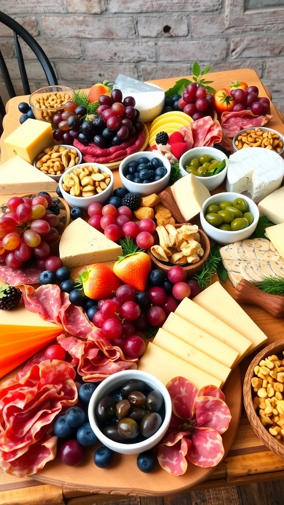An elegant grazing table with assorted cheeses, cured meats, fresh fruits, and nuts displayed on a wooden board.